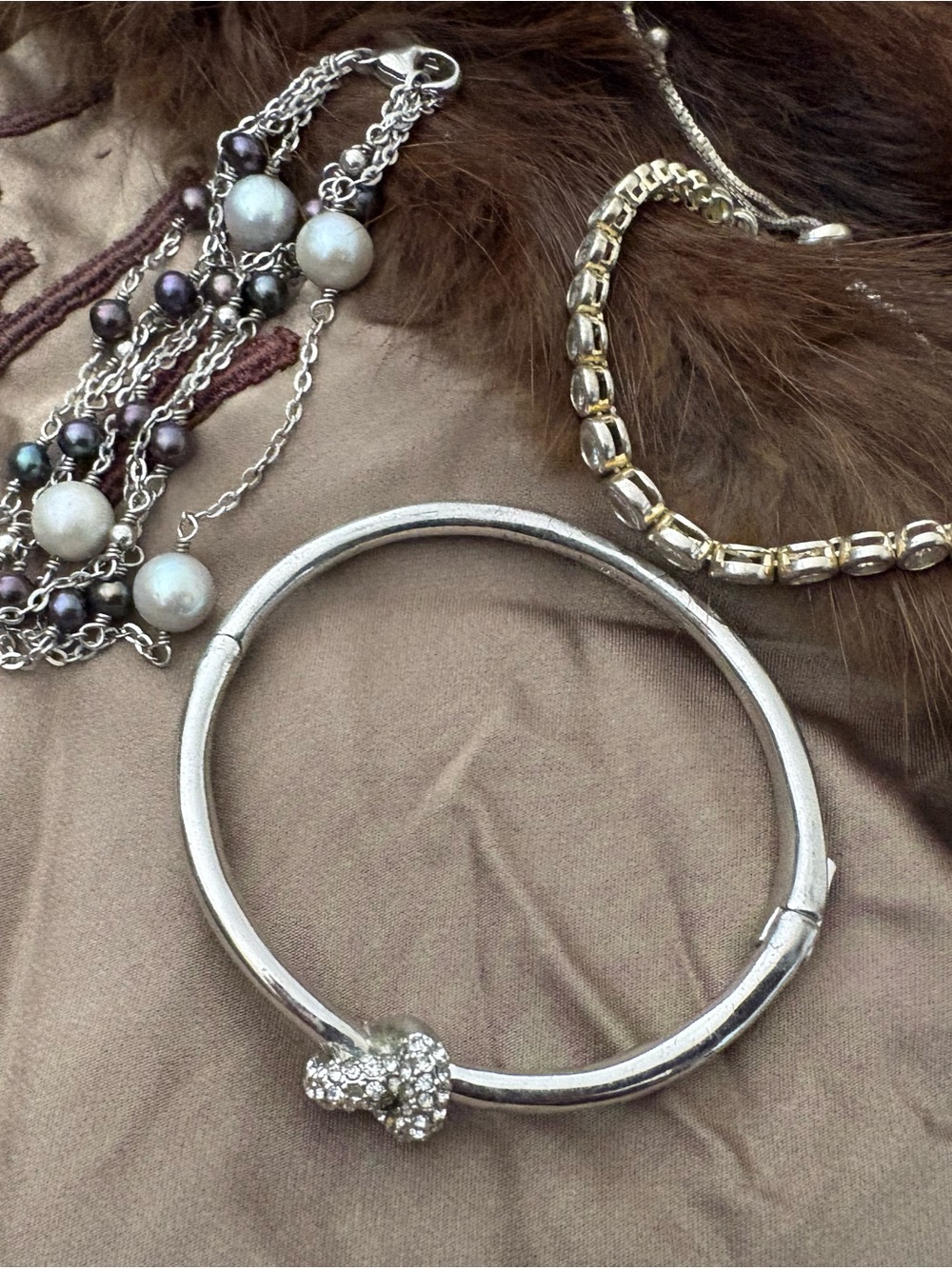 Kate Spade Bangle with Crystal Knot, Drawstring Tennis Bracelet, Pearl Bracelet